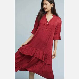 LACAUSA Anthropologie Imelda Raspberry Red Silky Tiered Midi Dress